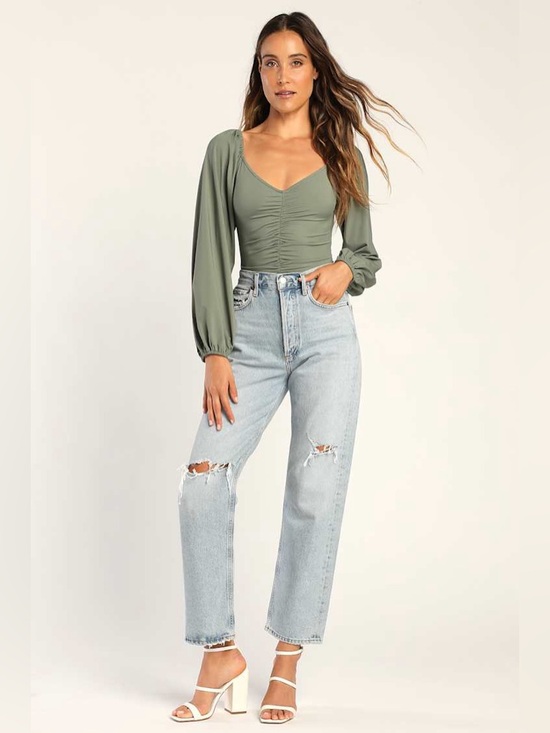 Lulus Tops - Lulus Certified Flirt Sage Green Ruched Long Sleeve Bodysuit